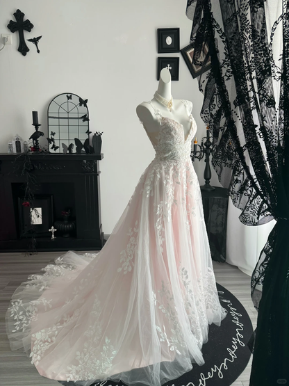 Glamorous Pink Spaghetti Straps Tulle Appliques Long Party Dress Evening Dress D3709