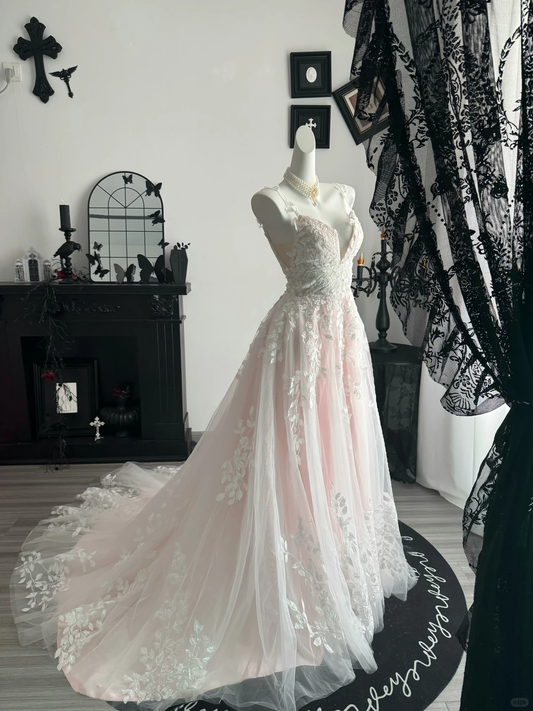 Glamorous Pink Spaghetti Straps Tulle Appliques Long Party Dress Evening Dress D3709