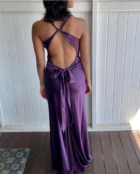 Simple A-Line V Neckline Grape Satin Long Prom Dresses Formal Evening Dress SD1389