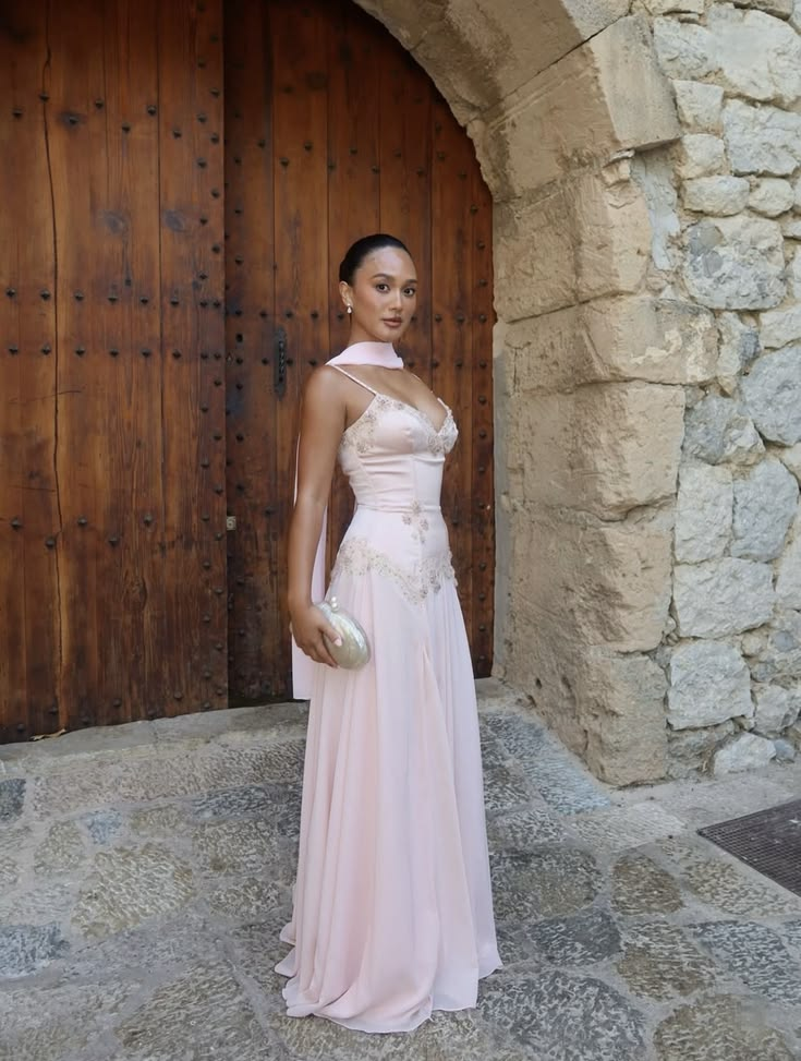 Charming V Neck Pink Chiffon Appliques A Line Slit Long Party Dress Evening Dress With Scarf D4967