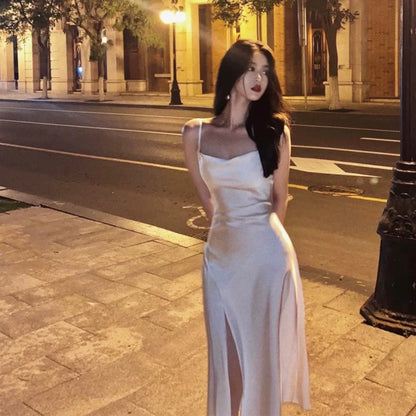 Retro A Line Spaghetti Straps Satin Party Dress Prom Dresses SD1382