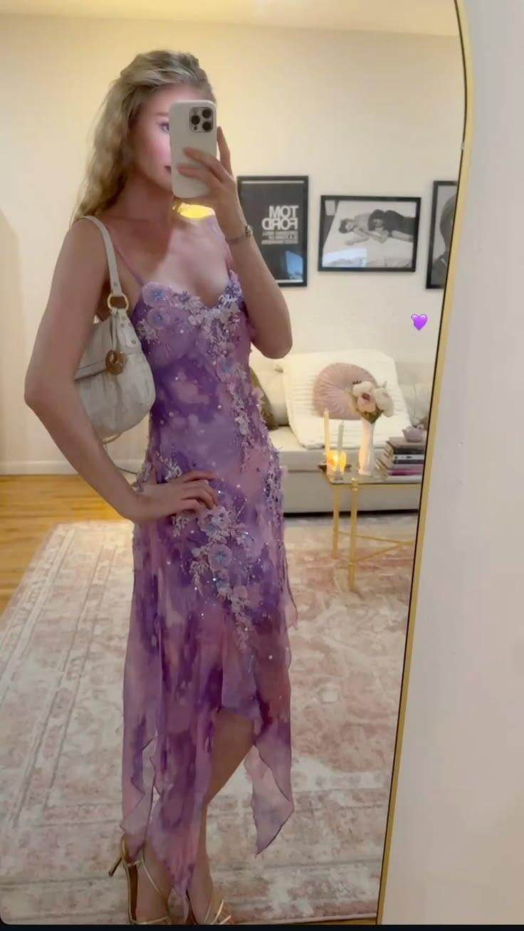 Pretty Spaghetti Straps Purple Chiffon Sequin Appliques Mermaid Long Evening Dress Birthday Prom Dress D4776