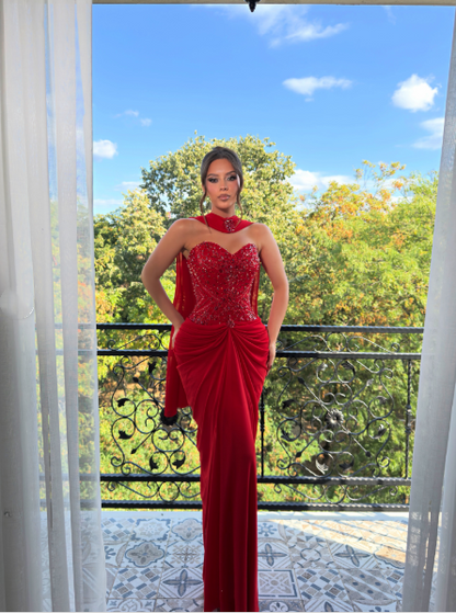 Elegant Red Chiffon Beaded Sheath Evening Dress Red Strapless Long Party Gown D5259