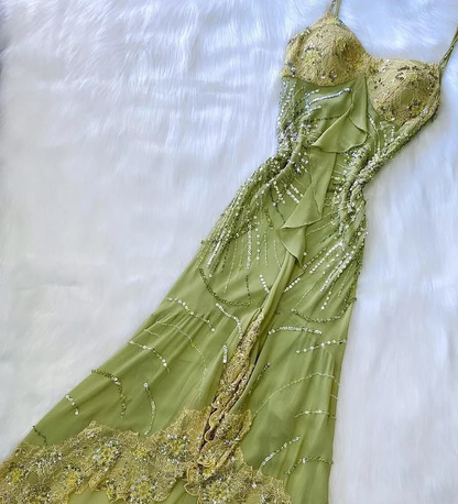 Vintage Sage Green Mermaid Party Dress Spaghetti Straps Chiffon Lace Sequin Long Prom Dresses D4990