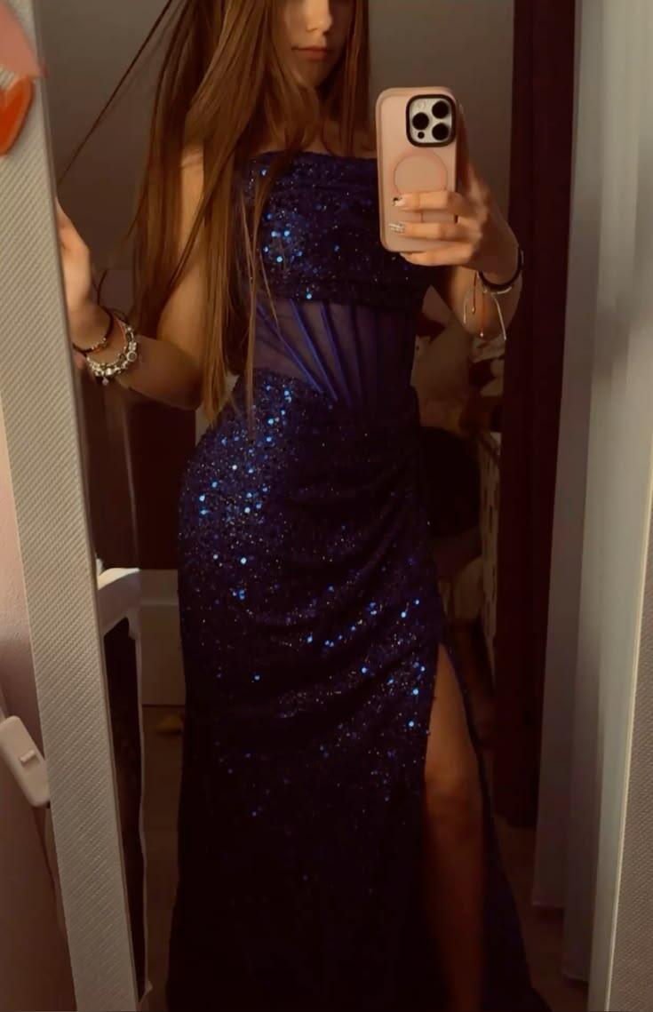Sparkly Strapless Navy Blue Sequin Slit Mermaid Long Party Dress Birthday Prom Dress D5149