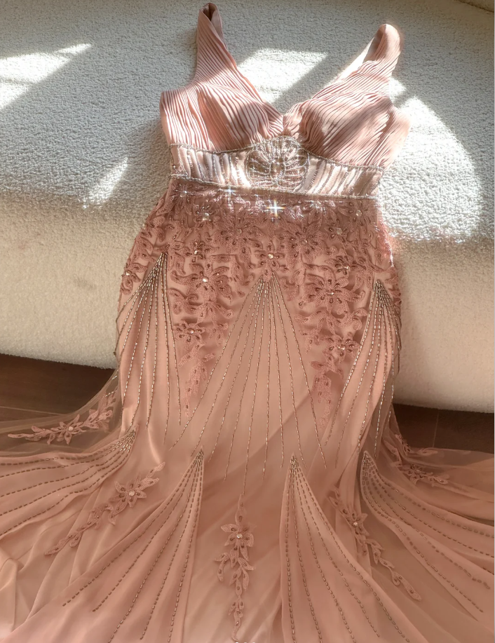 Pretty Pink V Neck Chiffon Beaded Mermaid Long Evening Dress Birthyday Prom Gowns D2077