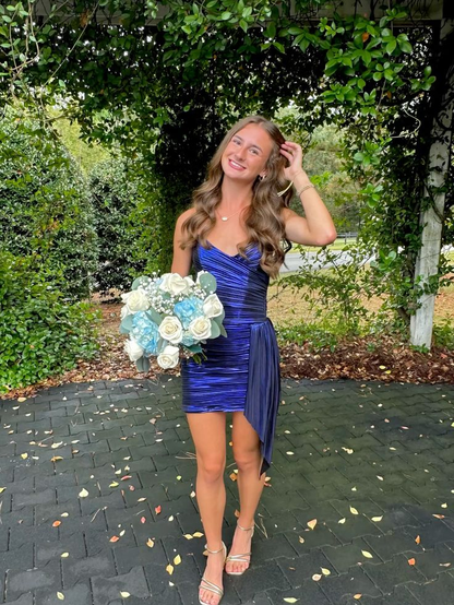 Unique Navy Blue Satin Ruched Sheath Short Cocktail Dress Homecoming Dress D4219