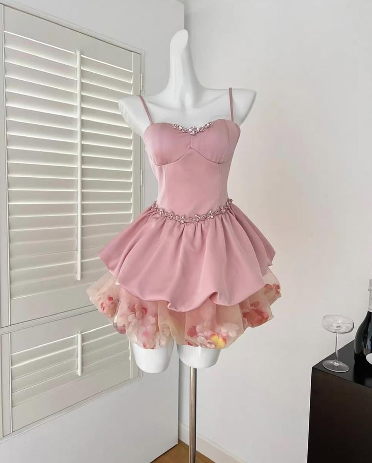 Cute Pink Spaghetti Straps Satin Beaded Layered A Line Birthday Dress Short Vacation Dress Women Dress S842