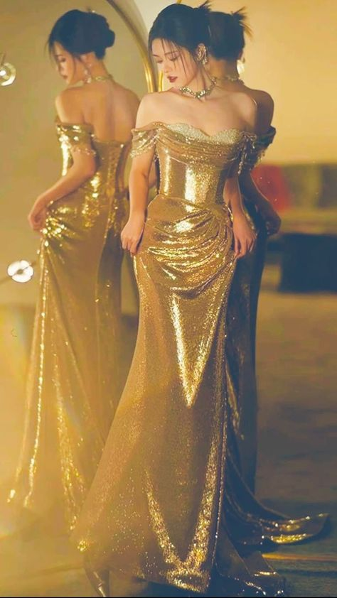 Beautiful Gold Sequin Beaded Evening Dress Off The Shoulder Long Mermaid Prom Dress  S209
