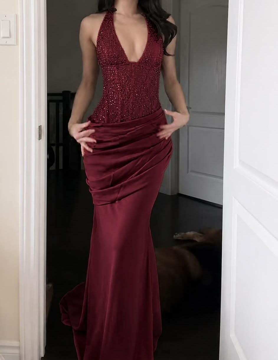 Charming Halter V Neck Burgundy Satin Mermaid Long Evening Dress Prom Dress D5302