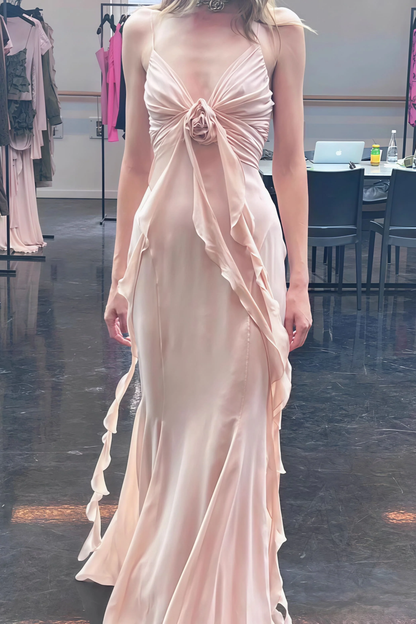 Retro Sheath Spaghetti Straps Pink Chiffon Long Party Dress Prom Dresses SD1400