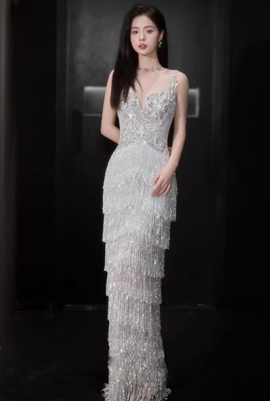 Glitter Spaghetti Straps Silver Satin Beaded Layered Tassel Long Party Dress Evening Gown D2218