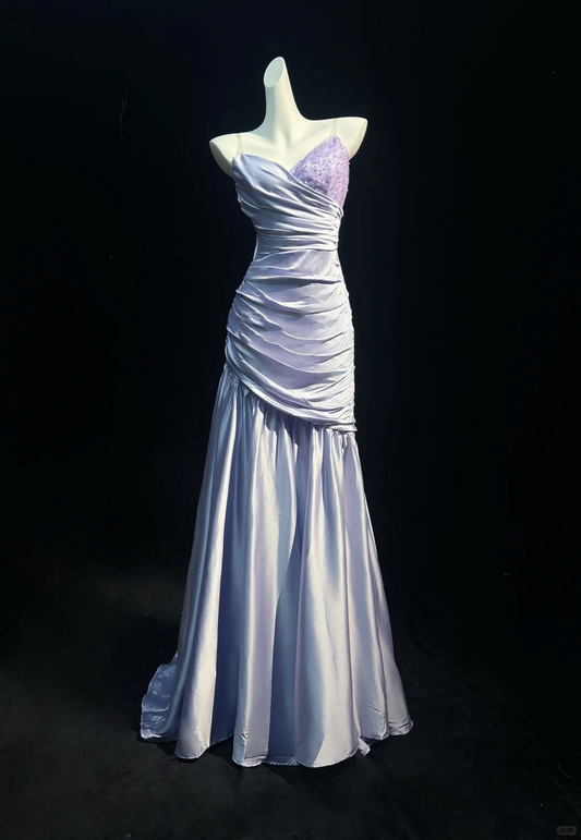 Pretty Lilac Satin Pleated Beaded Mermaid Evening Dress,Spaghetti Straps Long Prom Gown D3119