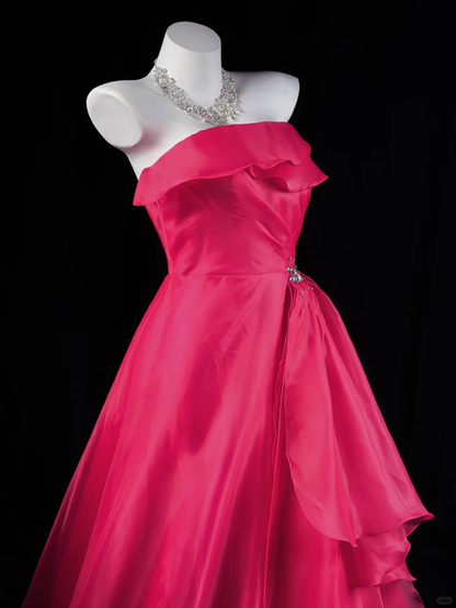 Sexy Strapless Ball Gown Hot Pink Organza Beaded Long Evening Dress Prom Gown D2515