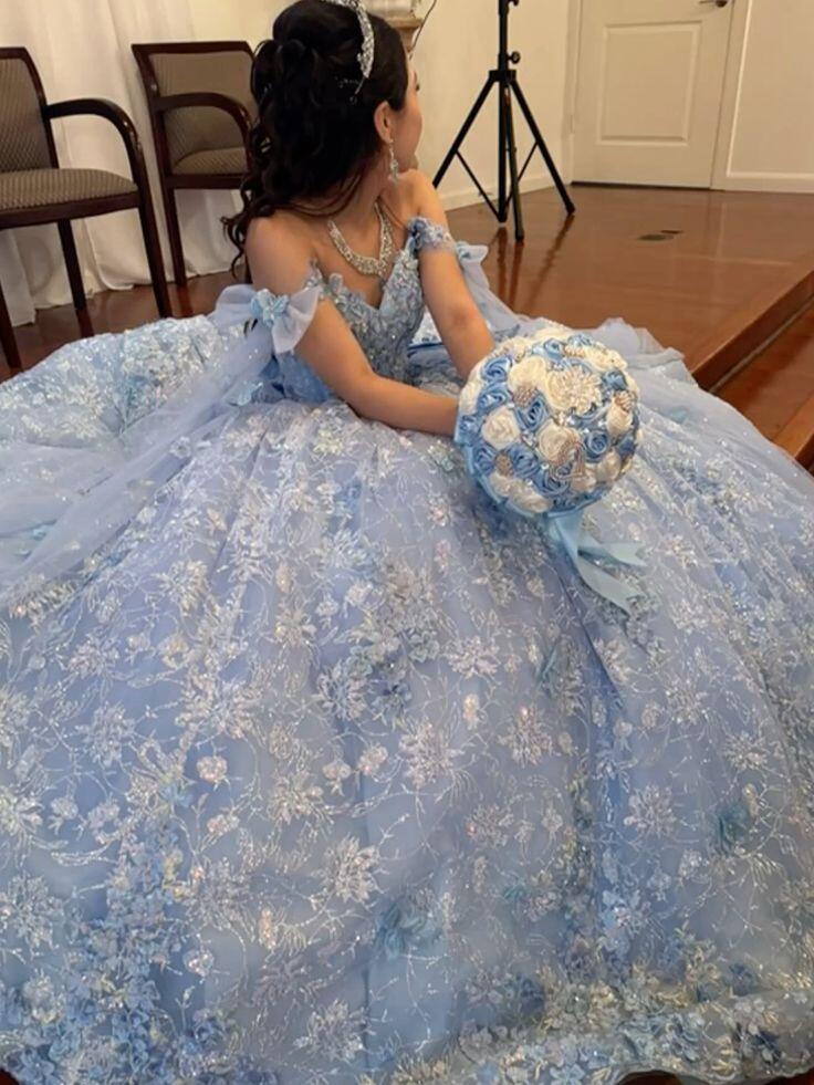 Glamorous Bow Straps Blue Tulle Lace Sequin Appliques Quinceanera Dress,Off The Shoulder Sweet 15 Dress D3820