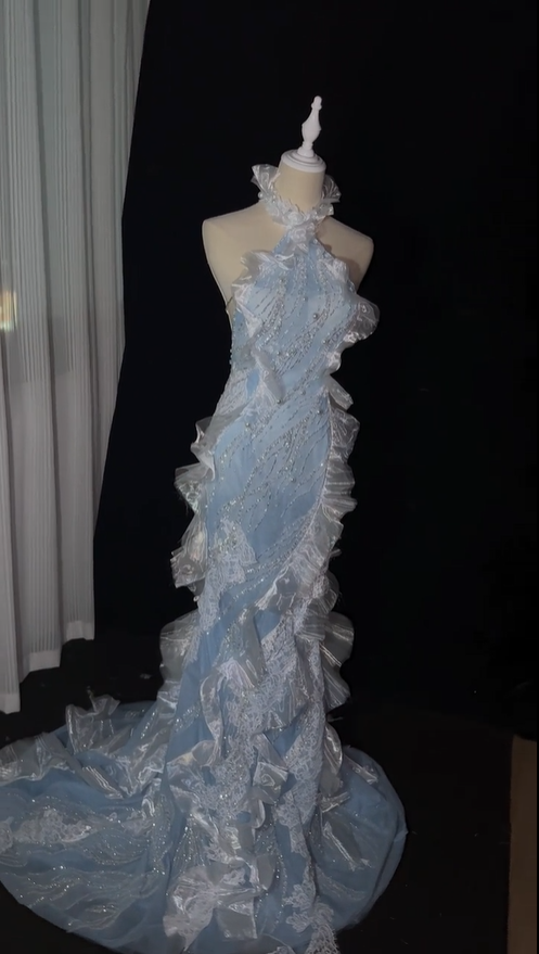 Glamorous Halter Satin Beaded Tulle Ruffles Mermaid Evening Dress Light Blue Backless Party Dress D5166