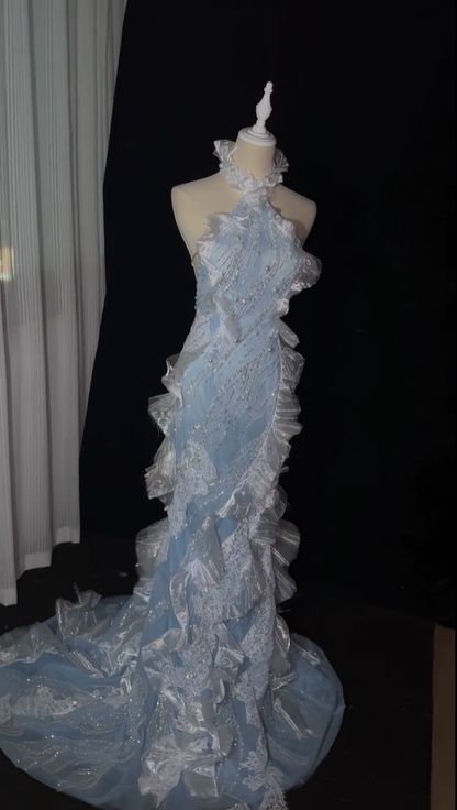 Glamorous Halter Satin Beaded Tulle Ruffles Mermaid Evening Dress Light Blue Backless Party Dress D5166