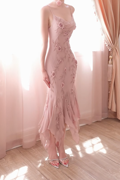 Classy Pink Spaghetti Straps Chiffon Floral Mermaid Long Party Dress Prom Dress D2741
