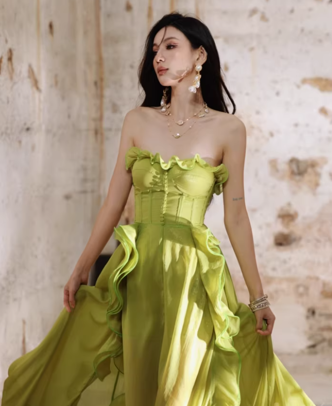 Pretty Green Strapless Chiffon Ruffled Long Evening Dress Birthday Dress D2402