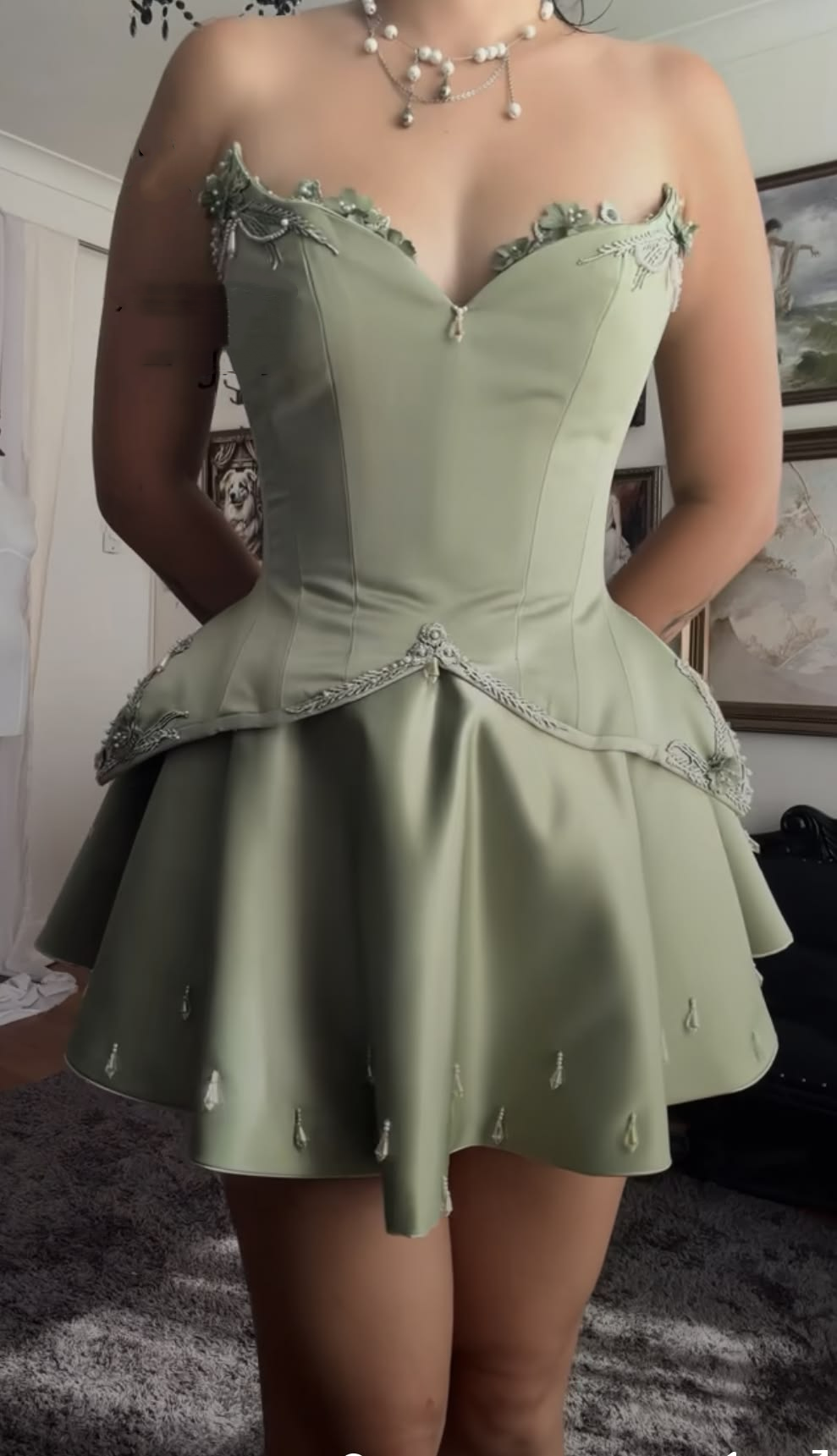 Fashion Sage Green Satin Beaded Short Birthday Outfits,Strapless Short 9th Grade Homecoming Dress D3415