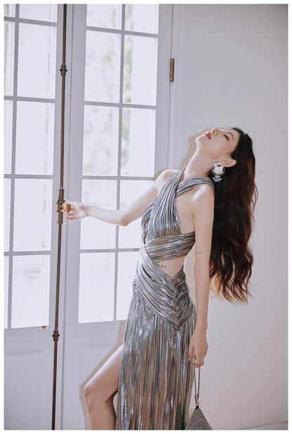 Fashion Silver Gray Satin Pleated High Slit Long Evening Dress Sexy Prom Dress D2429