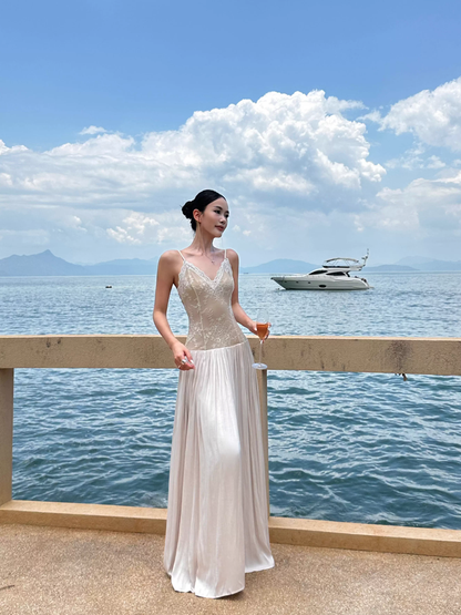 Unique Apricot Spaghetti Straps V Neck Lace Satin A Line Long Evening Dress Party Gown D2127