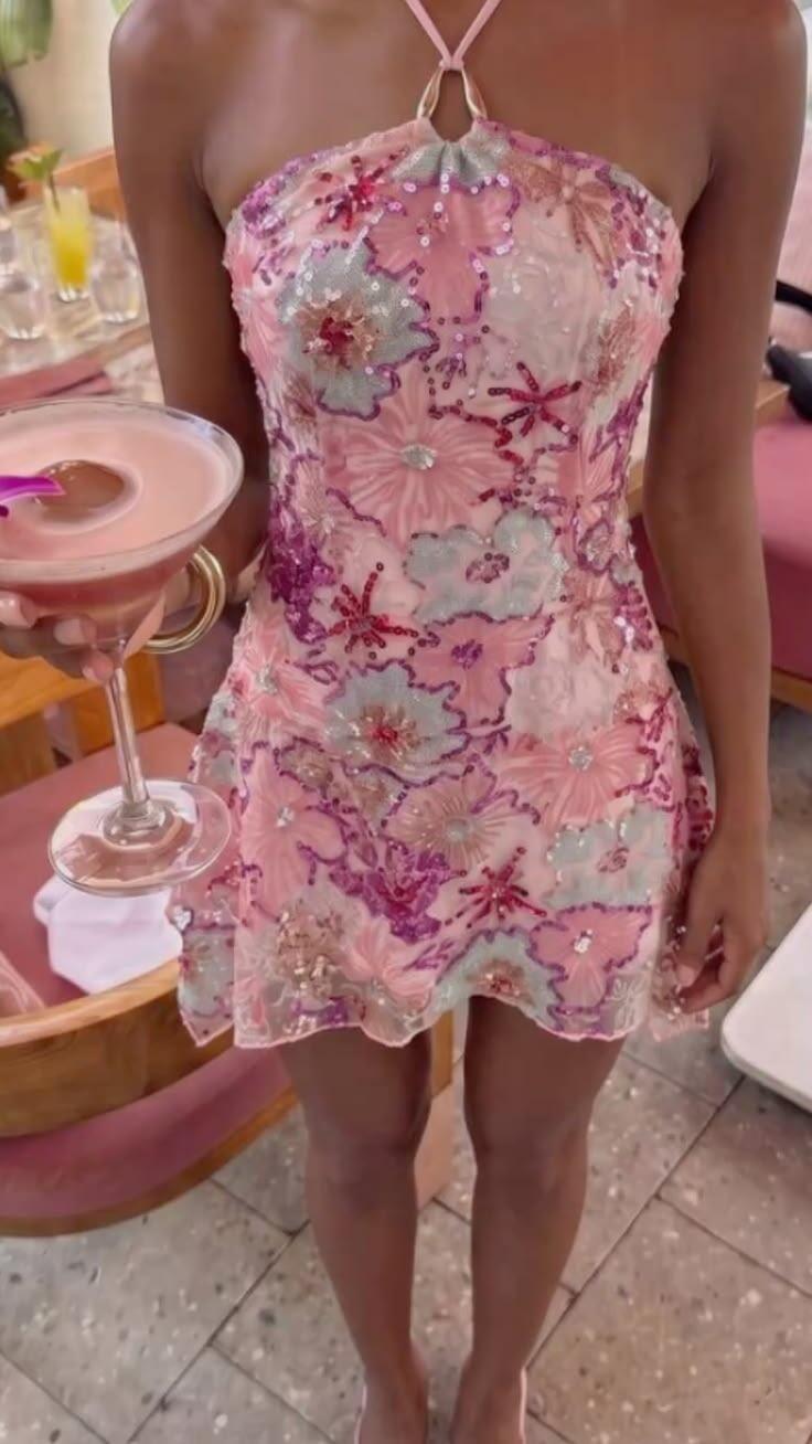 Gorgeous Pink Satin Sequin Floral Short Homecoming Dress Halter Short Birthday Dress D4482