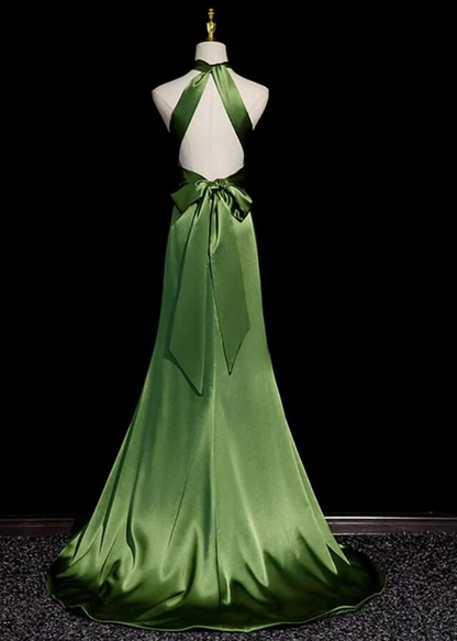 Sexy A line Green Satin Halter Backless Prom Dress Prom Dress SD1294