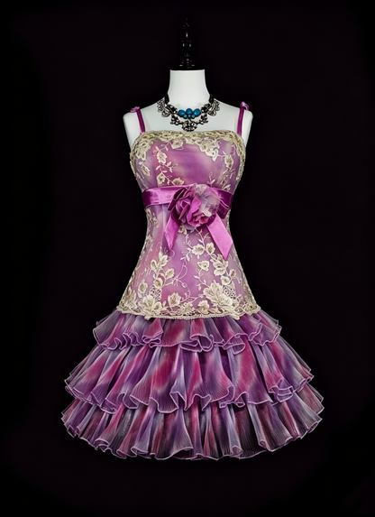 Elegant Spaghetti Straps Purple Tulle Lace Layered Short Homecoming Dress Birthday Dress D4056