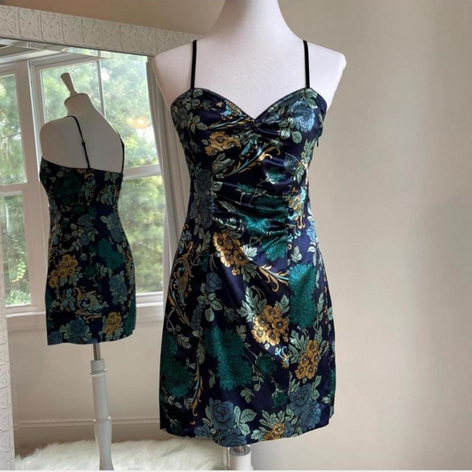 Vintage Navy Blue Straps Satin Print Floral Formal Graduation Homecoming Dress Short Cocktail Dress D150