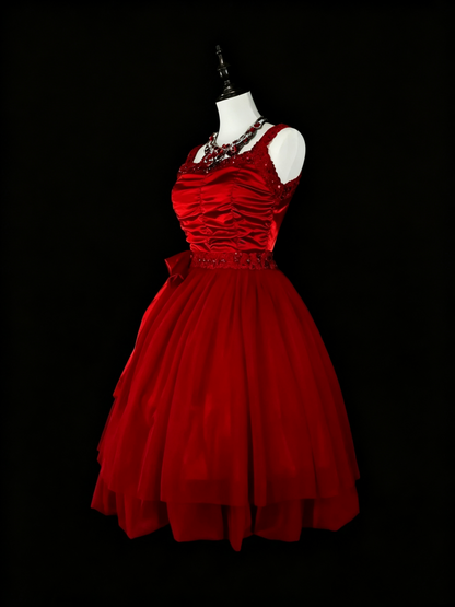Elegant Spaghetti Straps Satin Tulle Beaded A Line Short Graduation Homecoming Dress,Red Short Birthday Dress D4052