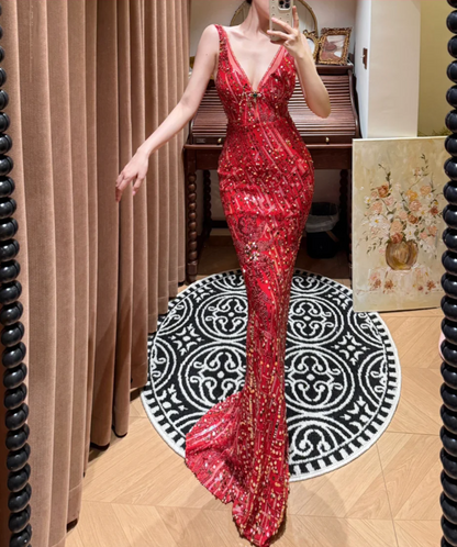 Charming Red V Neck Sequin Beaded Mermaid Long Party Dress Evening Dress D2046