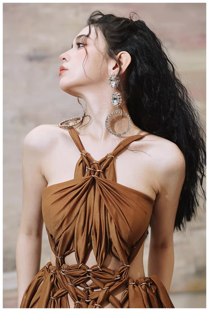 Sexy Halter Caramel Backless Satin Long party Dress Evening Gown D2419