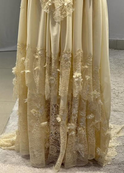 Pretty Strapless Yellow A Line Chiffon Lace Appliques Long Prom Dress Wedding Guest Dress D823