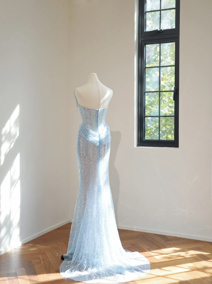 Pretty Strapless Light Blue Sequin Beaded Mermaid Long Birthday Party Dress Evening Gown D2159