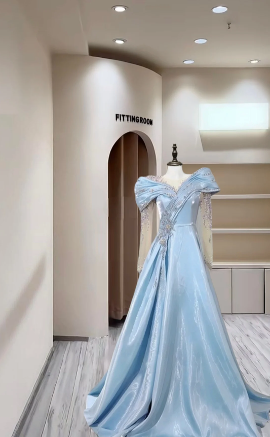 Elegant Blue Satin Pleated Beaded Ball Gown Long Birthday Party Dress Evening Gown D2382