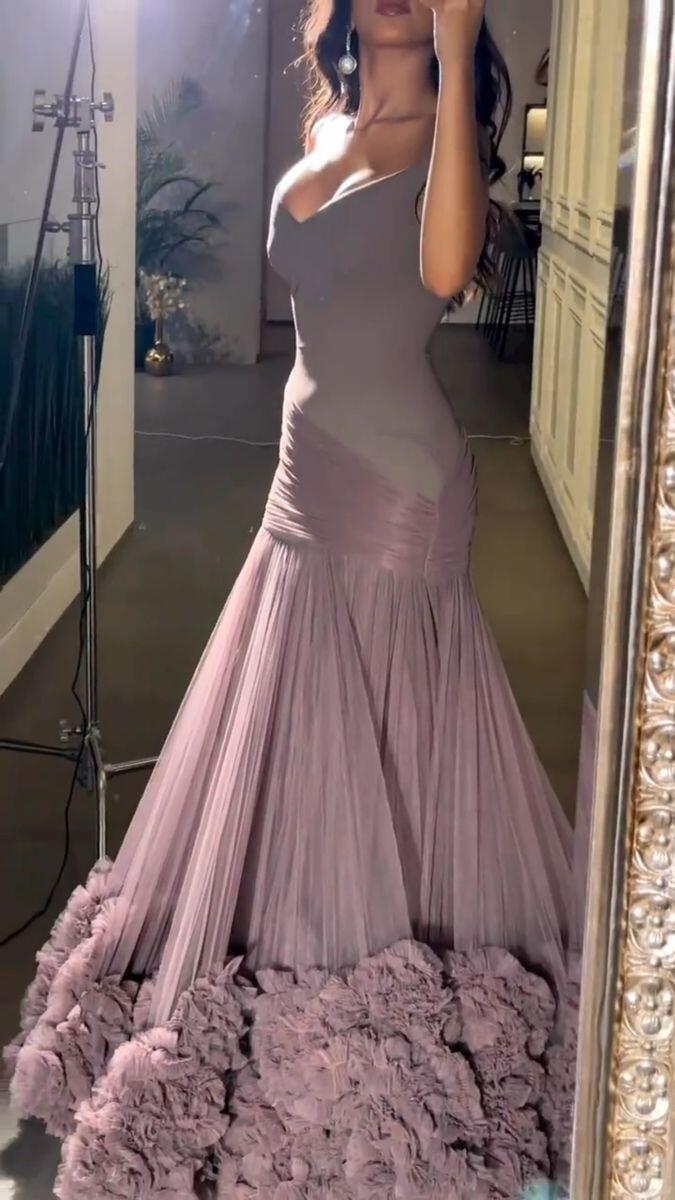 Vintage Off The Shoulder Tulle Long Wedding Guest Dress Purple Mermaid Long Evening Dress D4489