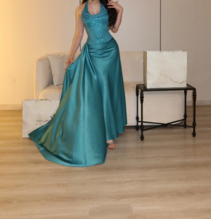 Fashion Green Halter Satin Mermaid Long Party Dress Prom Gown D4976