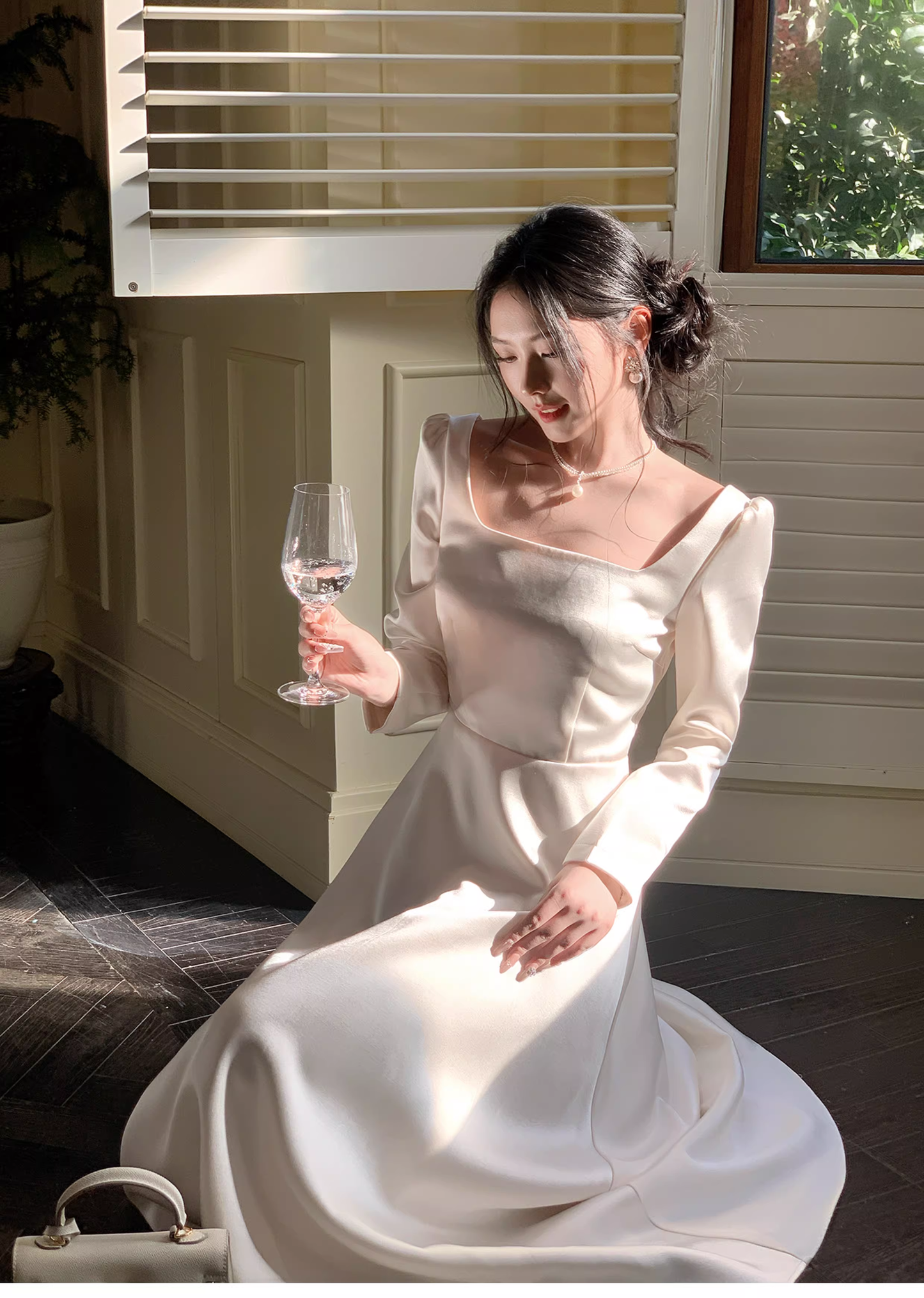 Elegant Square White Satin A Line Long Party Dress Evening Dress D2179