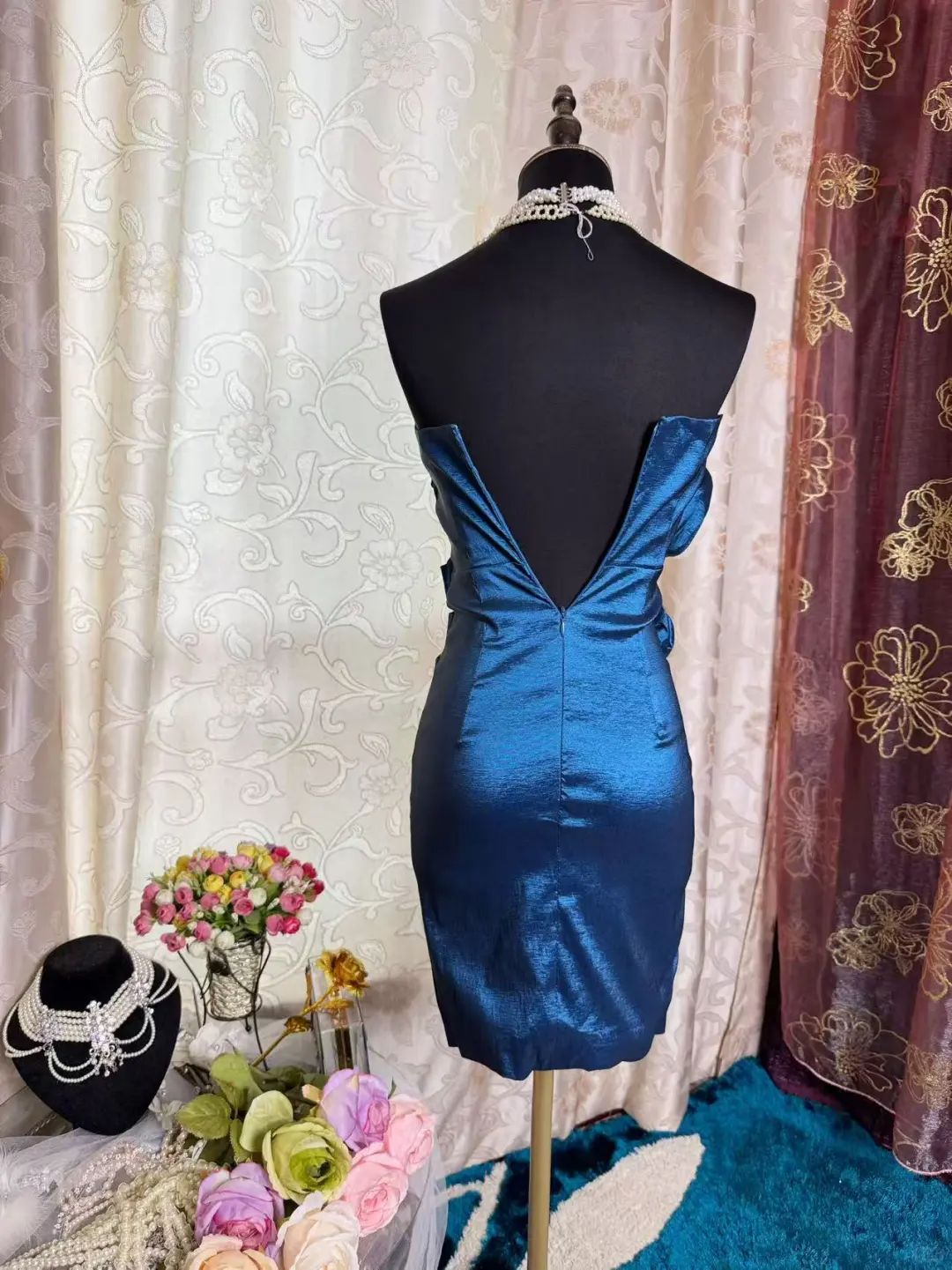Vintage Strapless Blue Satin Sheath Homecoming Dress Cocktail Dress D1826