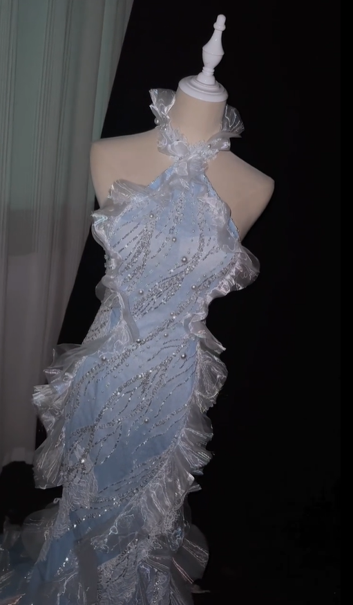 Glamorous Halter Satin Beaded Tulle Ruffles Mermaid Evening Dress Light Blue Backless Party Dress D5166
