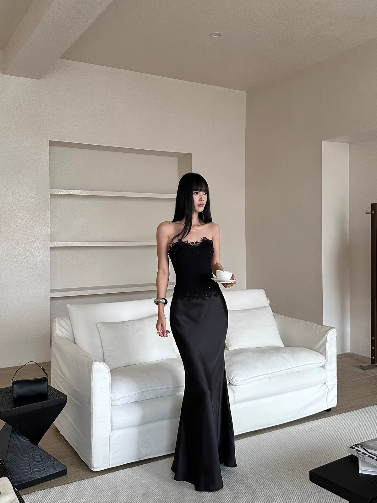 Pretty Lace Appliques Strapless Mermaid Evening Dress Party Dress,Black Satin Long Wedding Guest Dress D2089