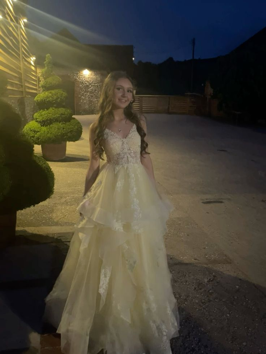 Sweet Spaghetti Straps V Neck Yellow Tulle Appliques Long Wedding Guest Dress Party Dress D1536