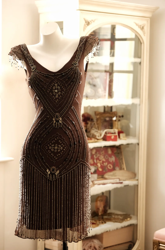 Gorgeous Sleeveless Chiffon Beaded Sheath Mini Cocktail Dress Brown Short Party Dress D2725