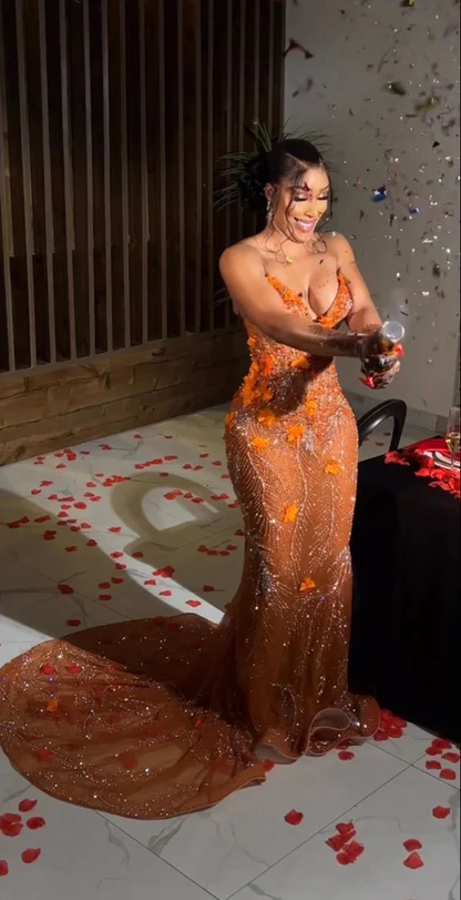 Classy Mermaid Sweetheart Orange Tulle Sequin Evening Gowns Long Prom Dress S2702