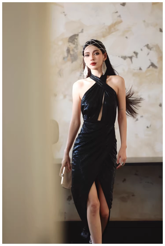 Sexy Black Halter High Slit Sheath Long Evening Dress Backless Prom Gowns D2412