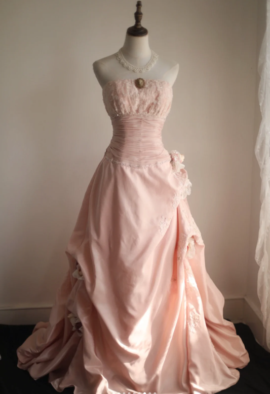 Pretty Pink Strapless Satin Lace Appliques Mermaid Long Party Dress Birthday Dress With 3D Flowers D2330