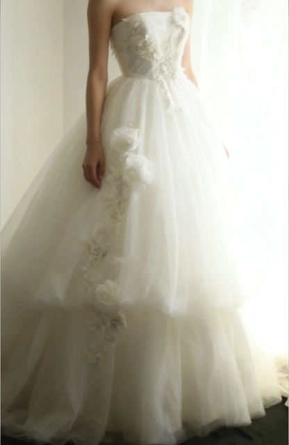 Fairy Strapless Tulle Appliqued Ball Gown White Long Wedding Dress D2323