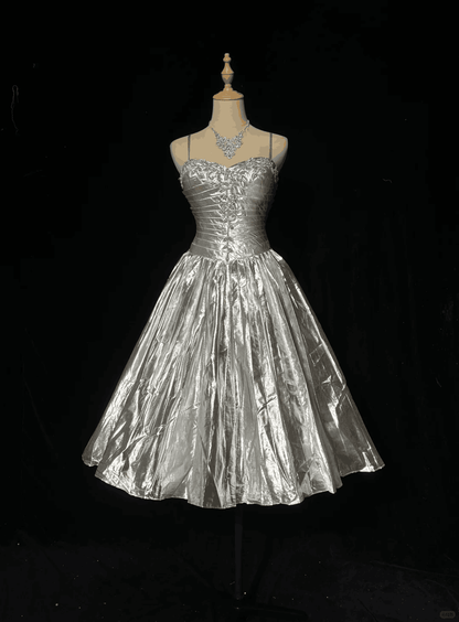 Stylish Spaghetti Straps Silver Satin Pleated Beaded A Line Short Birthday Dress Homecoming Dress D3385