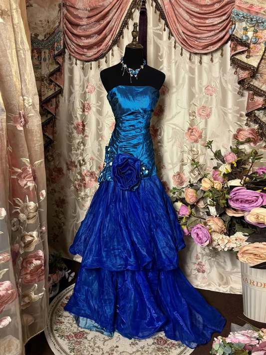 Retro Strapless Satin Tulle Mermaid Evening Dress,Blue Long Party Dress Prom Gown With Flowers D2011
